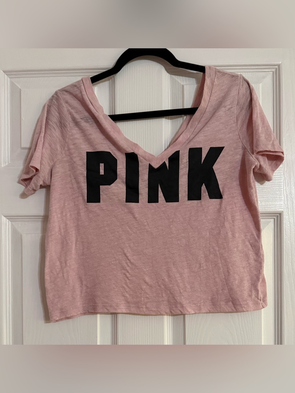 PINK Victoria's Secret Cropped V-Neck Logo Tee - Light Pink with Black Logo